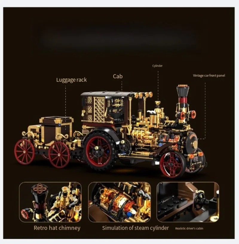 Building Blocks - Creative 1331Pcs Vintage Mechanical Steam Car